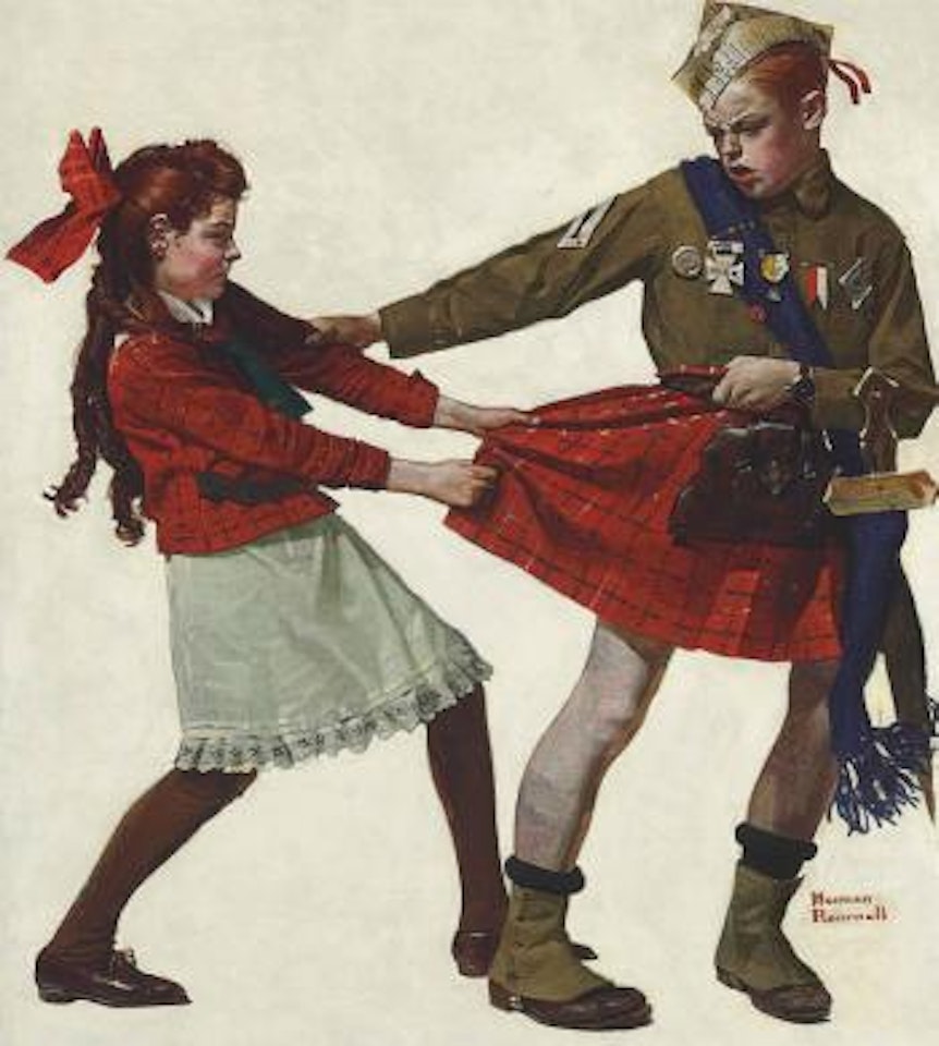 Stolen Goods (Boy stealing Girl's Kilt) by Norman Rockwell