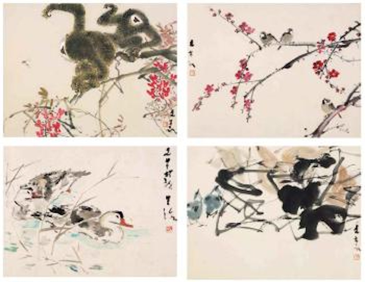 Sparrows and Spring Flowers; Blue Birds and Bottle-gourds; Twin Gibbons amidst flowers; Bathing Ducks by Chen Wen Hsi