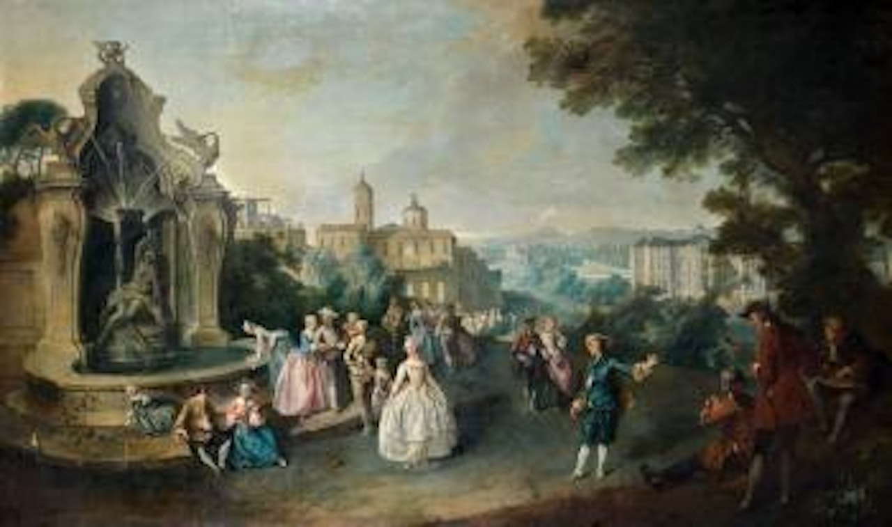 Elégante compagnie près d'une fontaine sur les hauteurs d'une ville, le palais du Luxembourg en arrière plan by French School