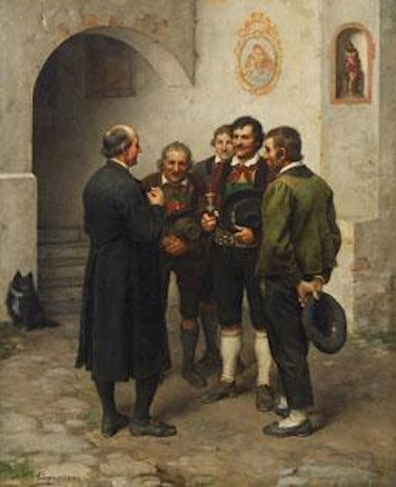 Vier Bauern im Gespräch mit dem Pfarrer by Franz von Defregger