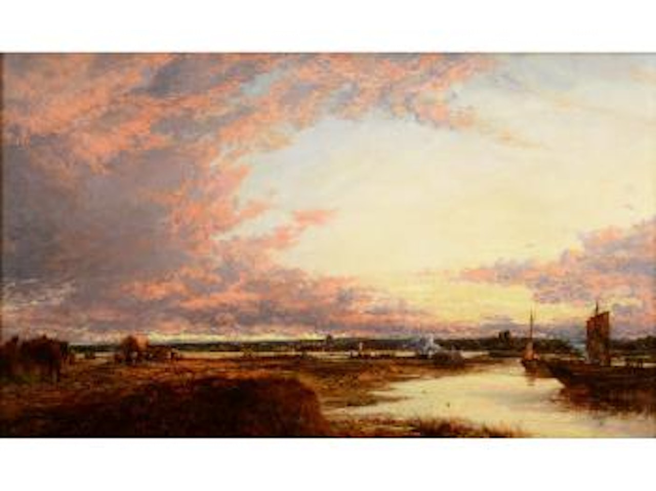 Haymaking in the meadow at sunset by James Webb