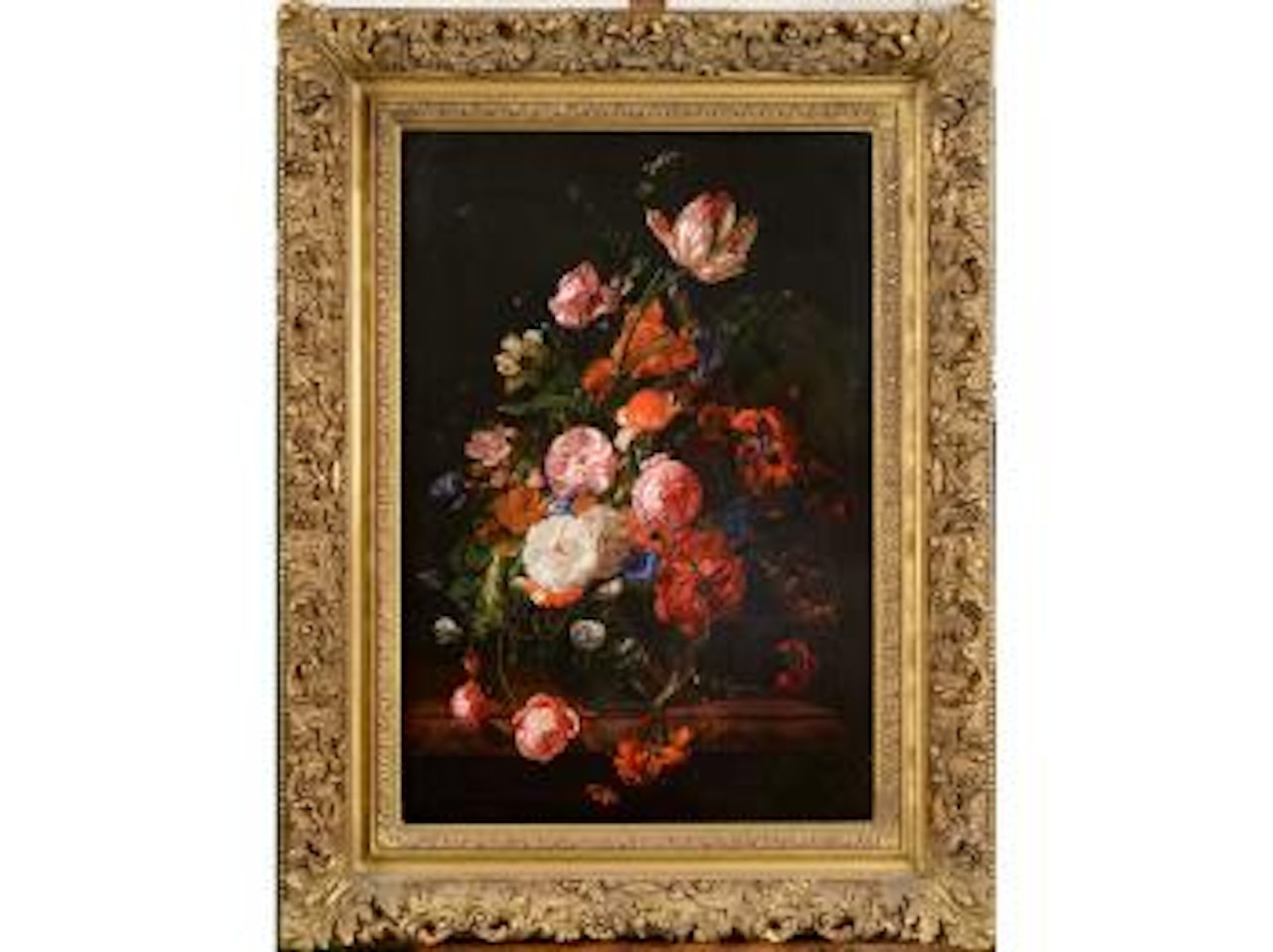 A glass bowl of mixed blooms upon a ledge by Frederick Victor Bailey
