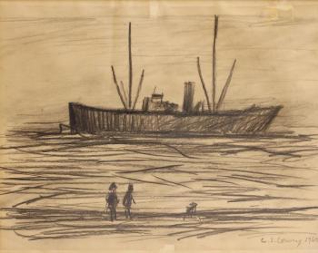 Beach Scene with Boat Figures and Dog by Laurence Stephen Lowry