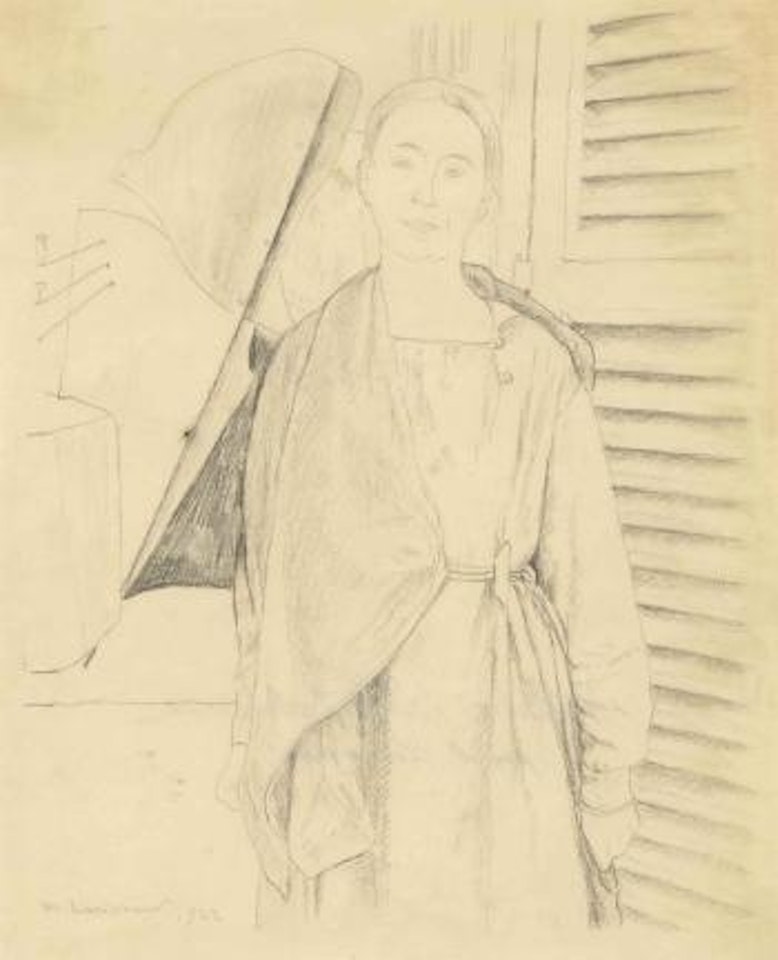 Portrait of Natalia Goncharova (1881-1962) in The atelier by Mikhail Larionov
