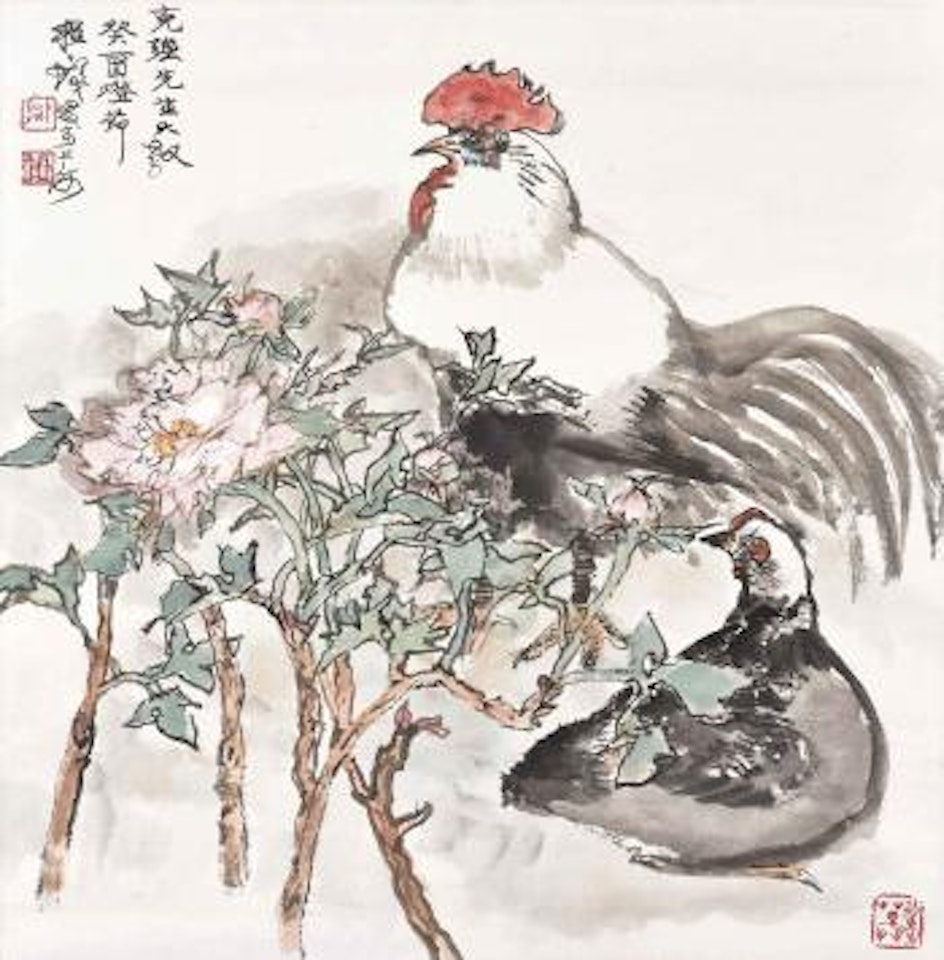Rooster, Hen and Flowers by Cheng Shifa