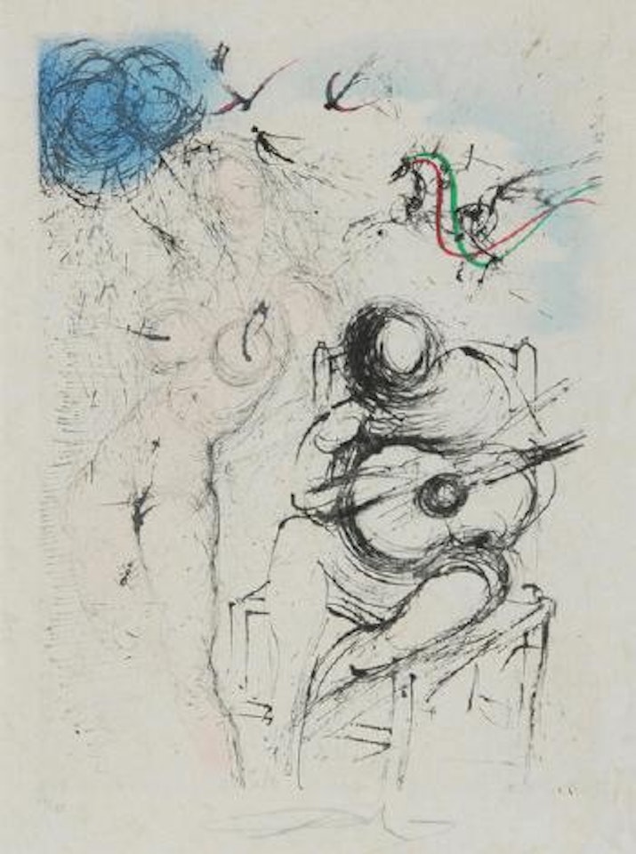 2 Sheets: Femme à la guitare, from 'Poèmes secrets d'Apollinaire'; Femme au perroquet, from 'Poèmes secrets d'Apollinaire' by Salvador Dali