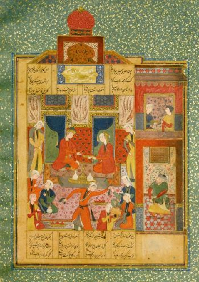 An illustrated and illuminated leaf from Nizami's Haft Paykar: King Bahram in the Red Pavilion listening to the story of the Princess of the Fourth Clime by Safavid School