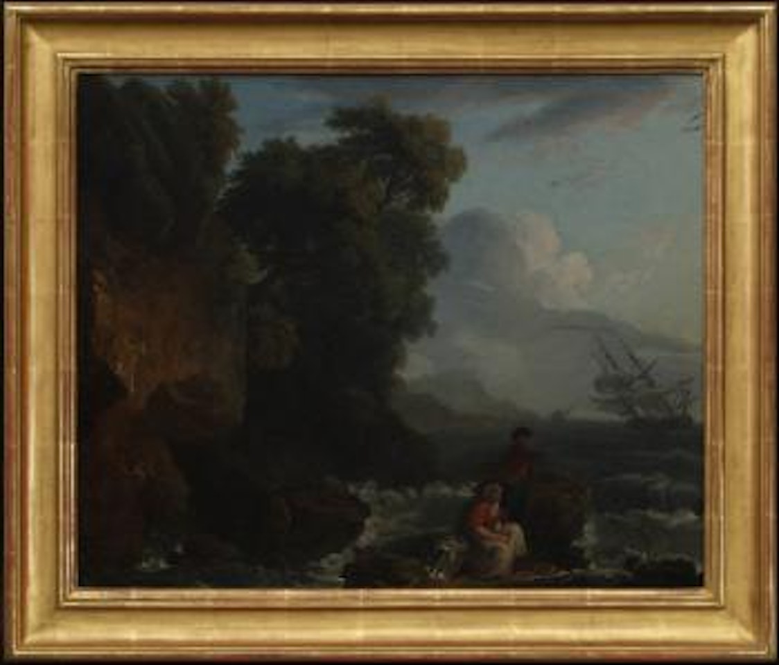 Couple au bord d'une mer agitée avec voilier au large by Claude Joseph Vernet