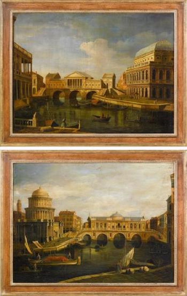 Vue imaginaire du Grand Canal avec un projet idéal pour le Pont du Rialto. Caprice avec des architectures palladiennes by Canaletto by Venetian School