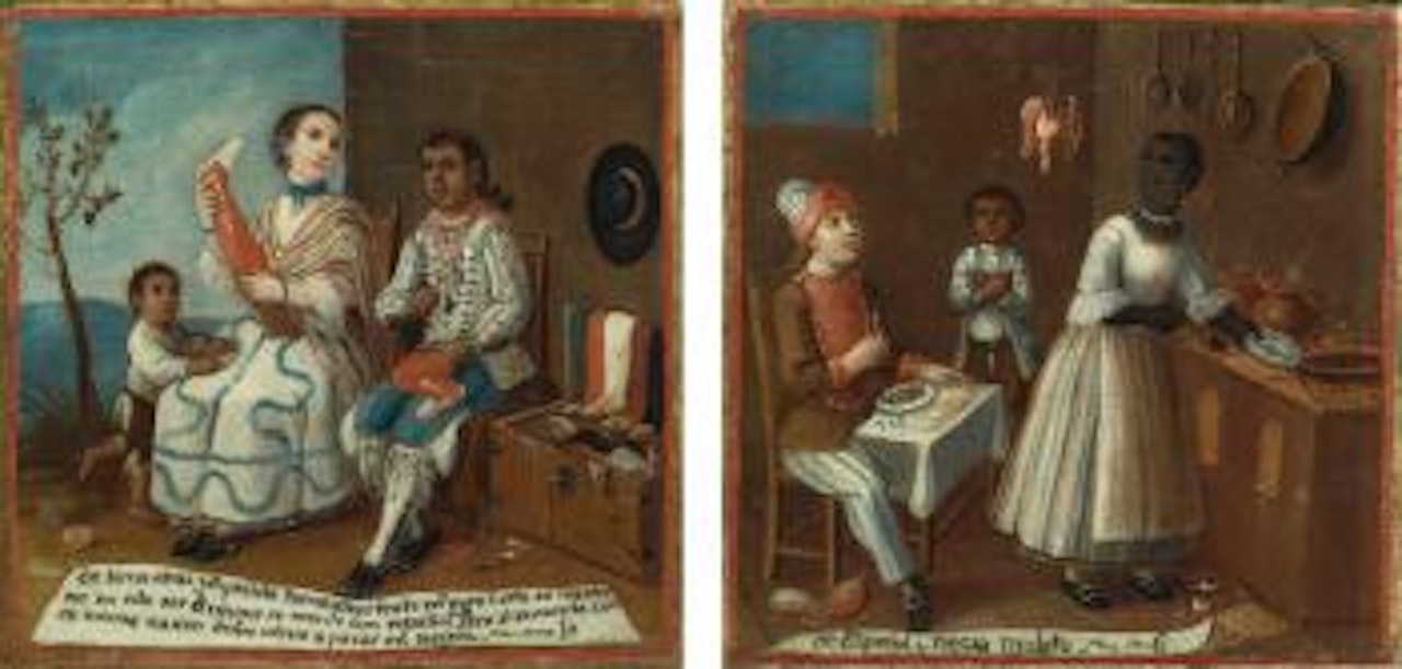 De Español Y Negra Mulato And De Torna Atras Y Española Torna Atras Tente En El Aire (A Pair Of Paintings) by Mexican School