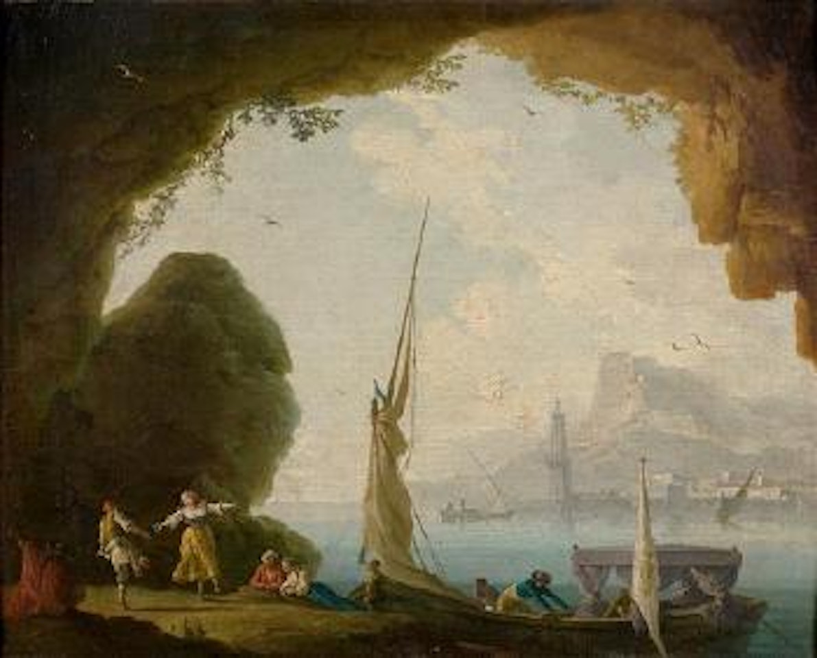 Vue d'un port depuis une grotte animée de personnages by Charles François Grenier de Lacroix de Marseille