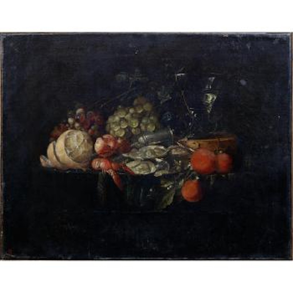 A roemer of white wine with a peeled lemon, grapes and oysters on a draped table-top by Cornelis de Heem