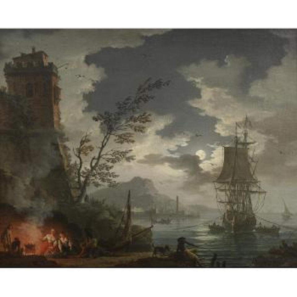 A moonlit Mediterranean sea port with figures surrounding a fire by Charles François Grenier de Lacroix de Marseille