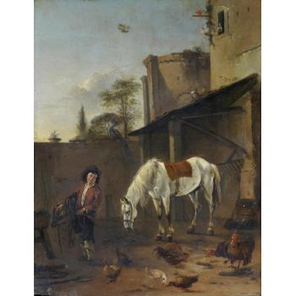 A stable boy saddling a grey horse by Pieter Cornelisz Verbeeck