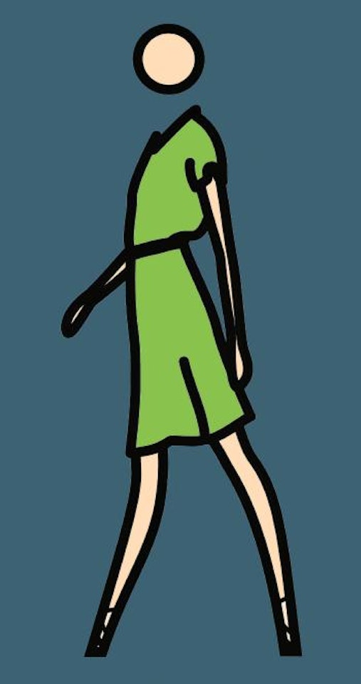 Suzanne walking in green dress by Julian Opie