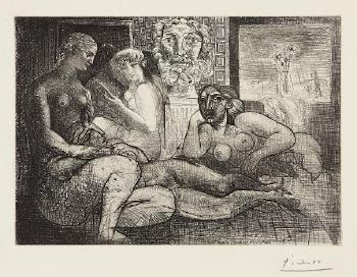 Quatre femmes nues et tÃªte sculptÃ©e (Four Nude Women and a Carved Head), plate 82, from La Vollard Suite by Pablo Picasso