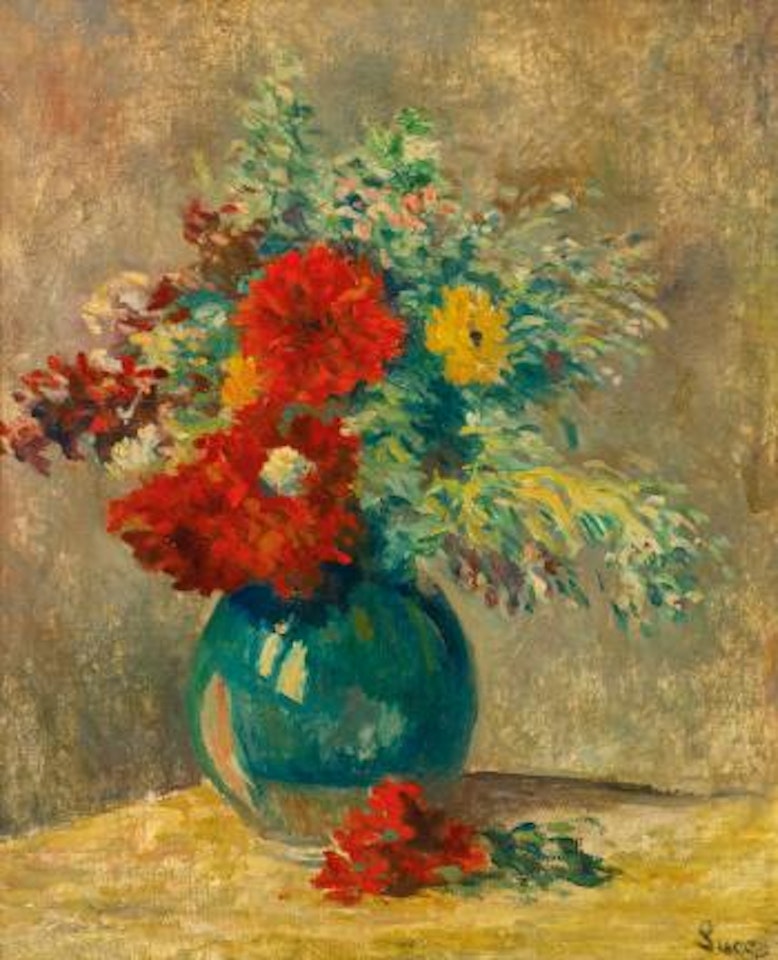 Vase Vert Aux Fleurs Multicolores And Village Pres De La Rivière: A Double-sided Painting by Maximilien Luce