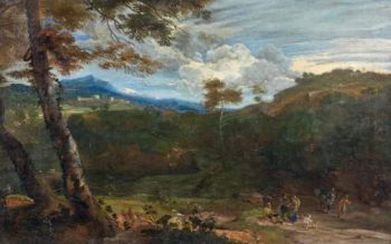 Un repos de marcheurs sur un chemin en bordure de forêt by Adriaen Frans Boudewyns by Pieter Bout