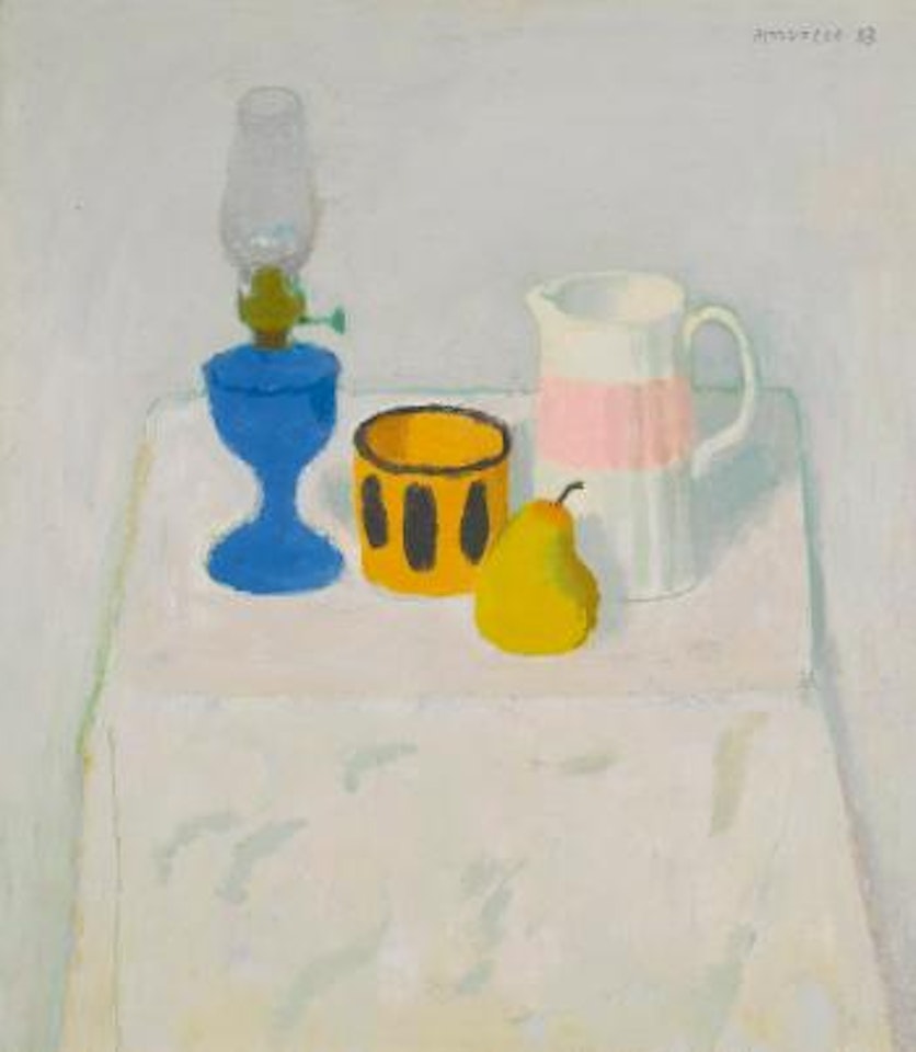 White Still Life With Blue Lamp by Alberto Morrocco