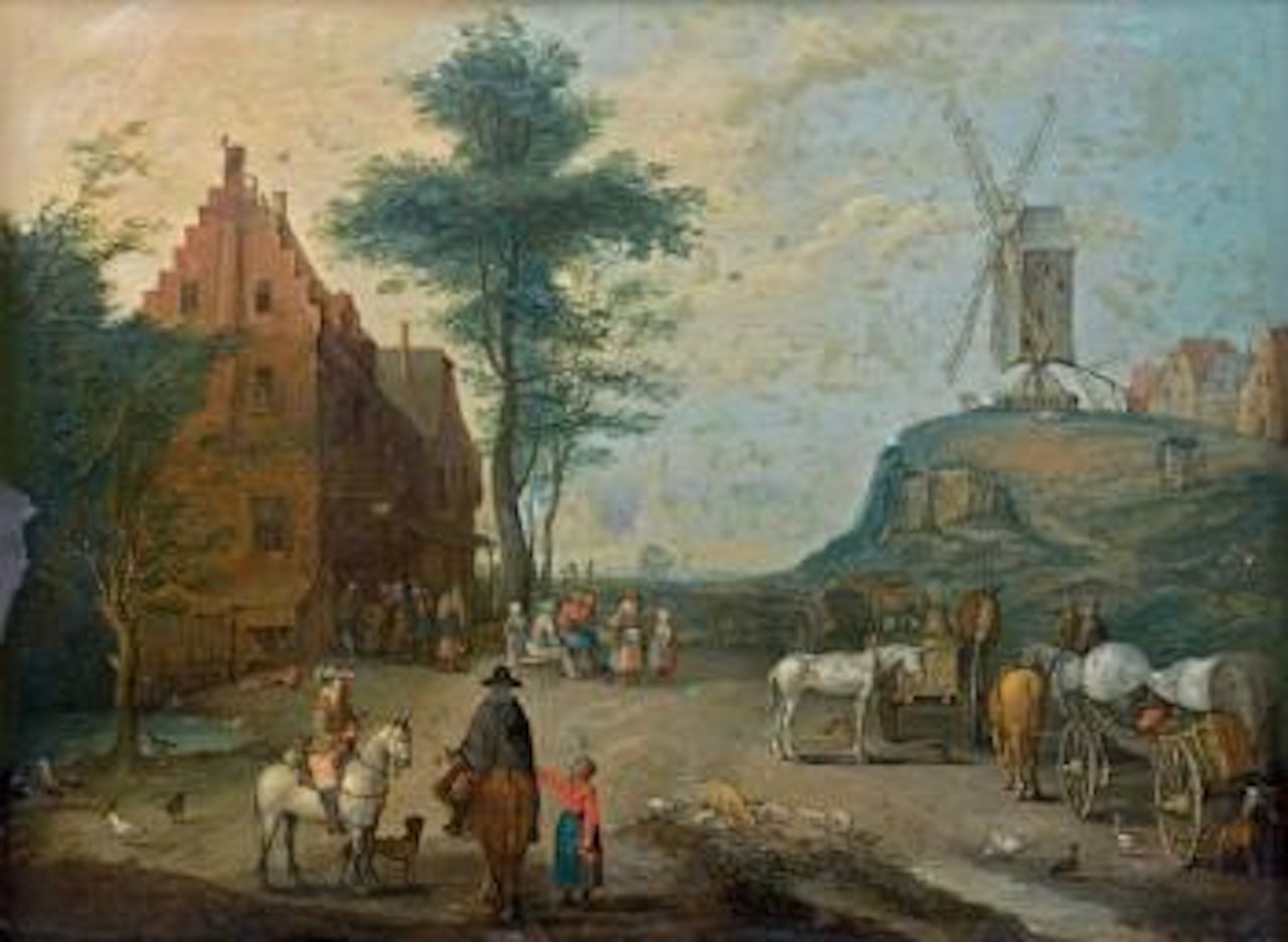 Rue de village avec villageois et carriole au pied d'un moulin by Jan Brueghel the Younger