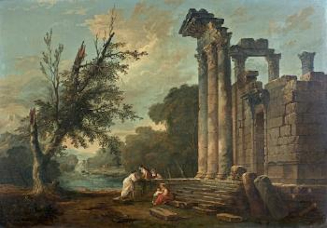 Conversation au pied de ruines antiques près d'un plan d'eau by Hubert Robert