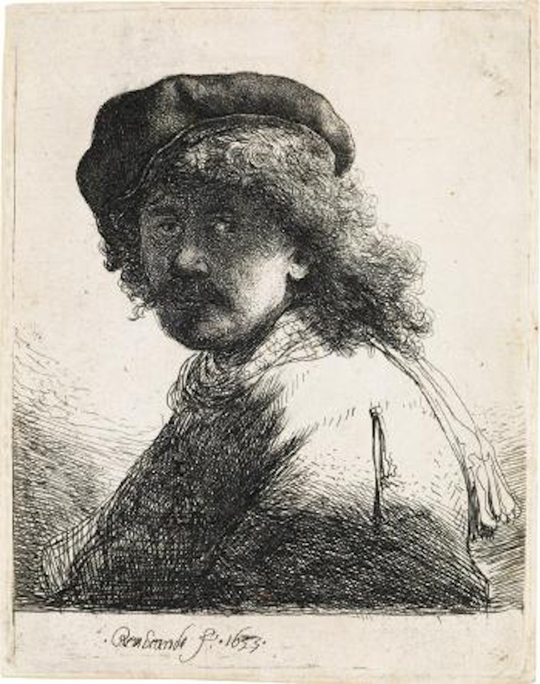 Self Portrait in a Cap and Scarf with the Face Dark: Bust by Attributed to Rembrandt Harmensz van Rijn
