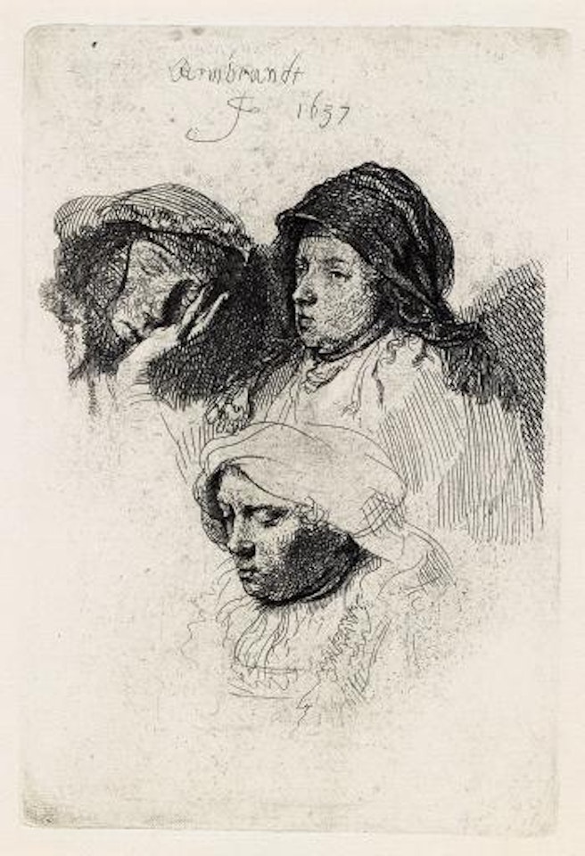 Three Heads of Women, One Asleep by Attributed to Rembrandt Harmensz van Rijn