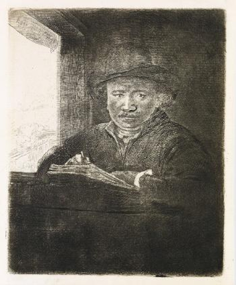 Self Portrait Drawing at a Window by Attributed to Rembrandt Harmensz van Rijn