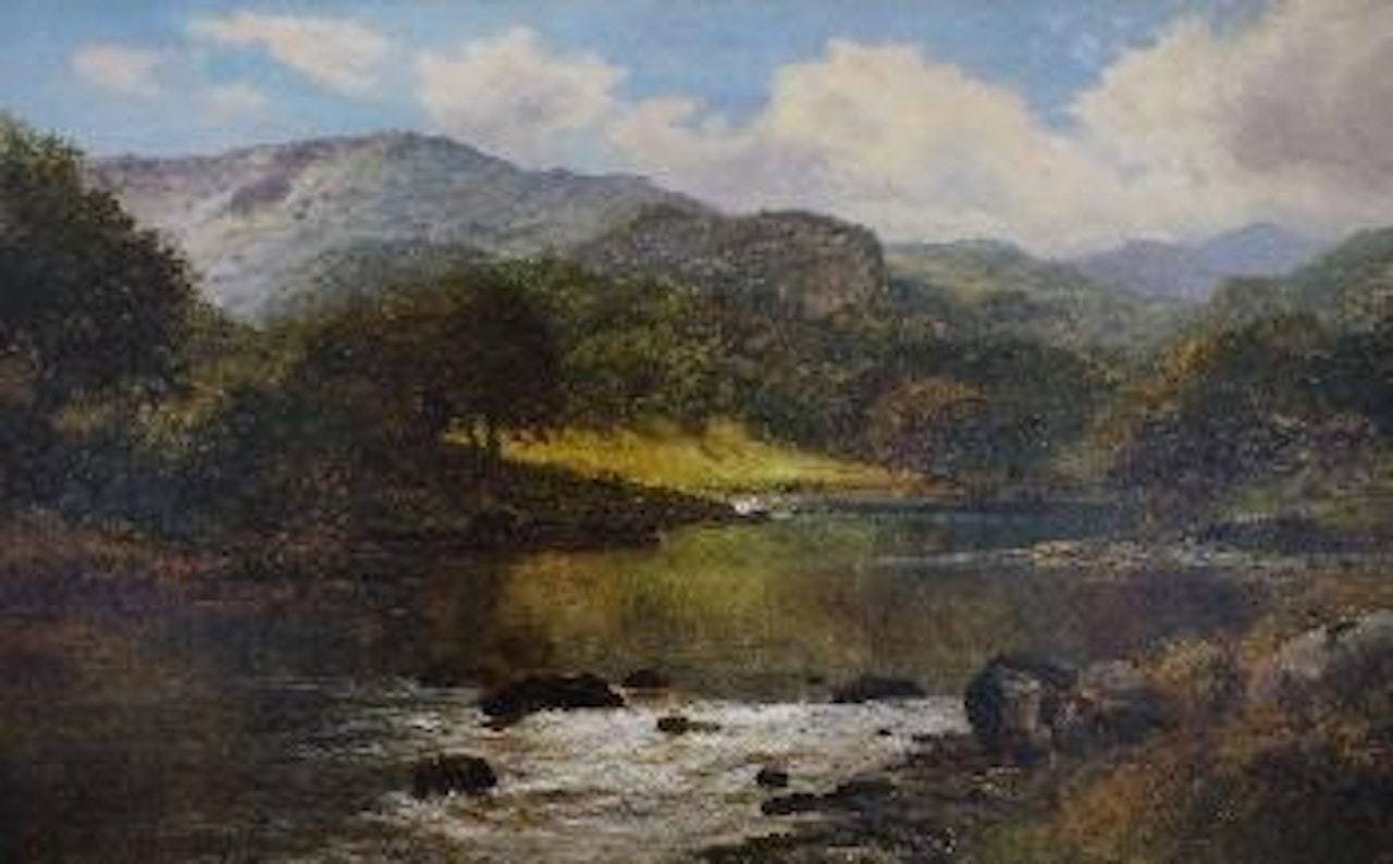 Summer river landscape, with figures beside trees and hills beyond by Benjamin Williams Leader