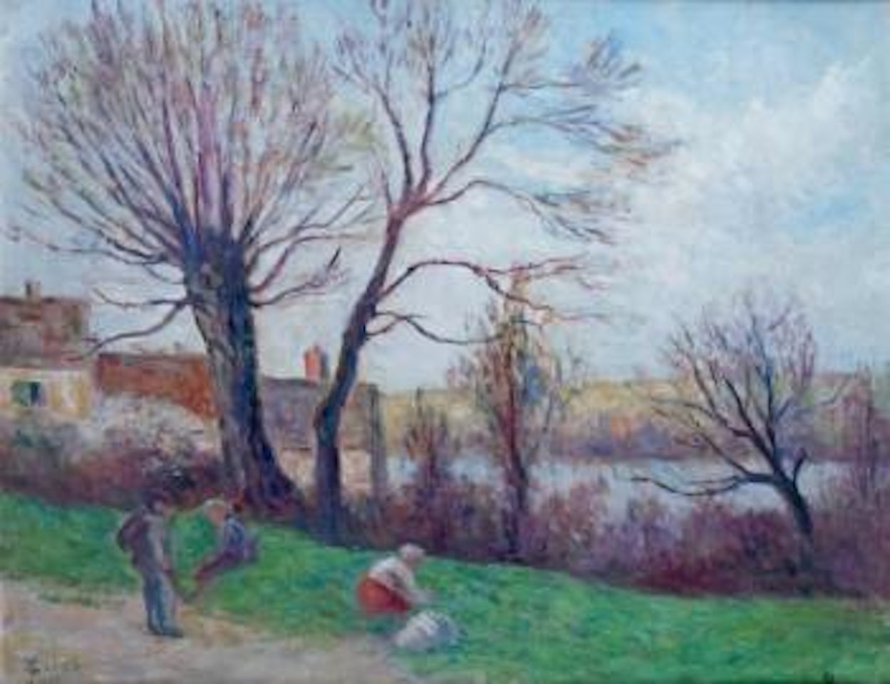 Maison et personnages en bord de rivière by Maximilien Luce