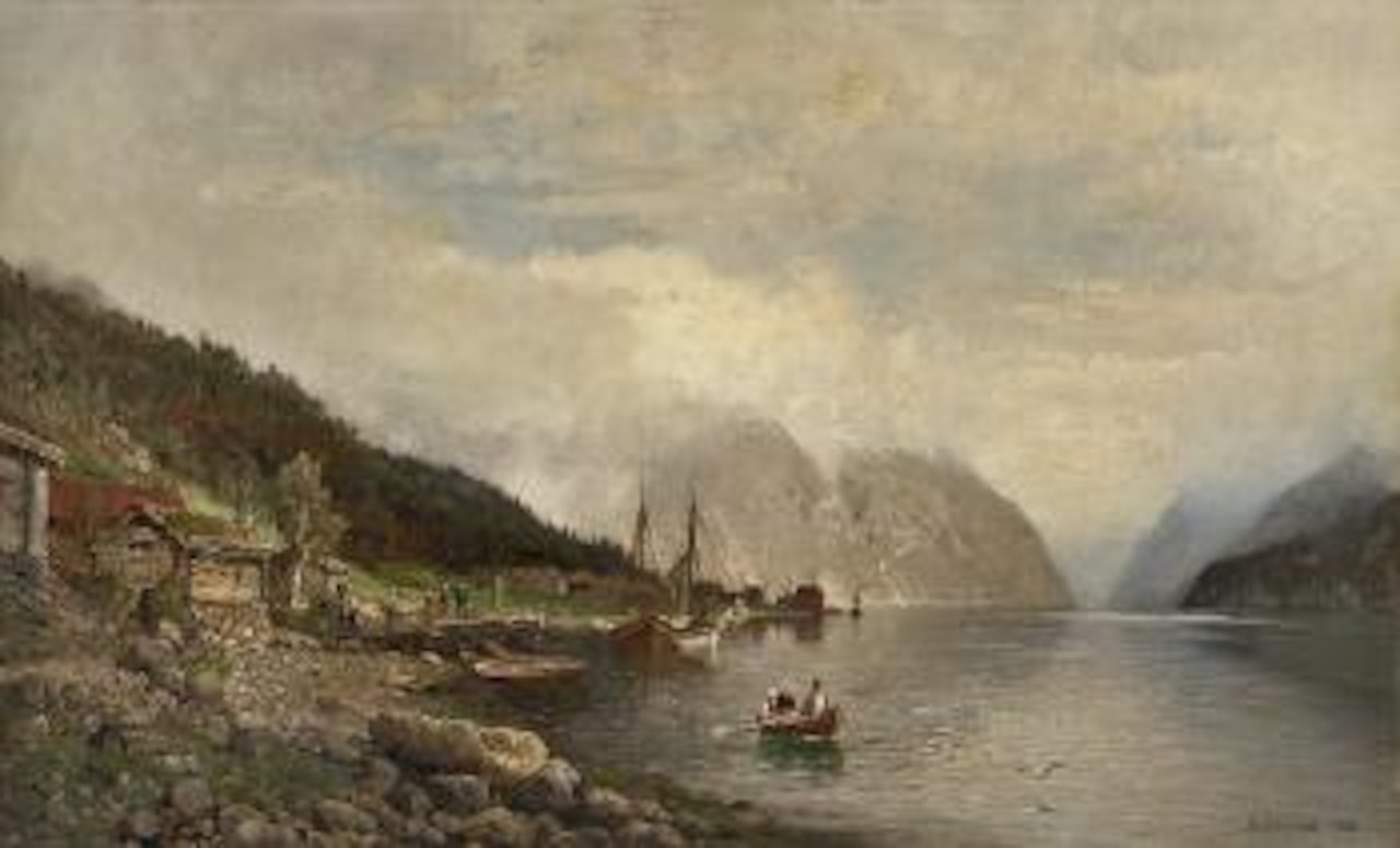 Fjordlandskap med folkeliv by Anders Monsen Askevold