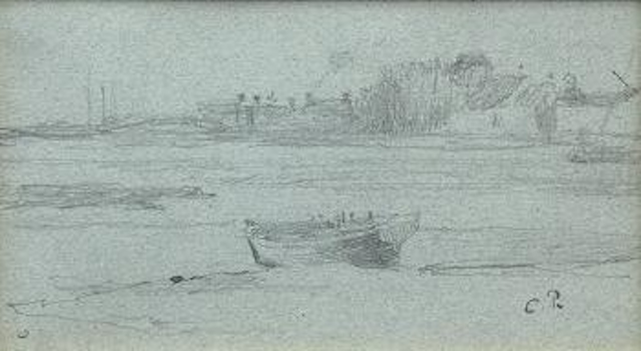 Coastal village scene with beached boat by Camille Pissarro