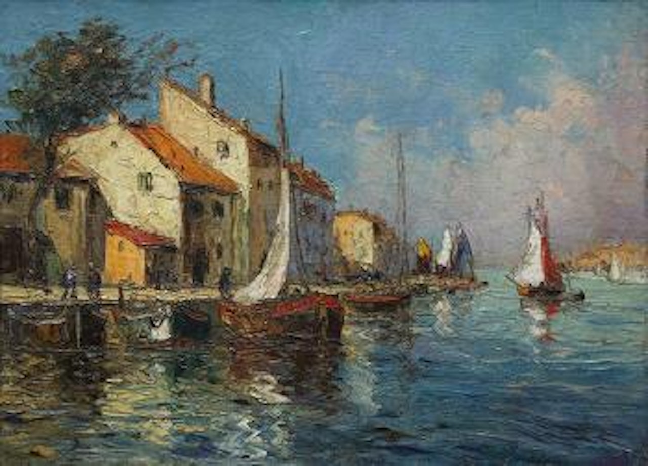 Harbor scene with sailboats by Georgij Aleksandrovic Lapschin