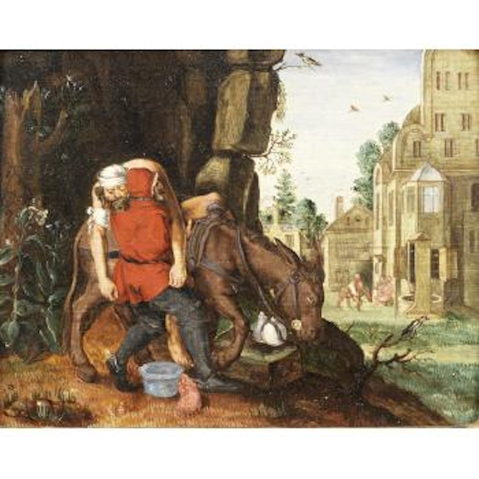 The Good Samaritan putting the traveller on his donkey; and The Good Samaritan paying the innkeeper for the care of the wounded man by Flemish School