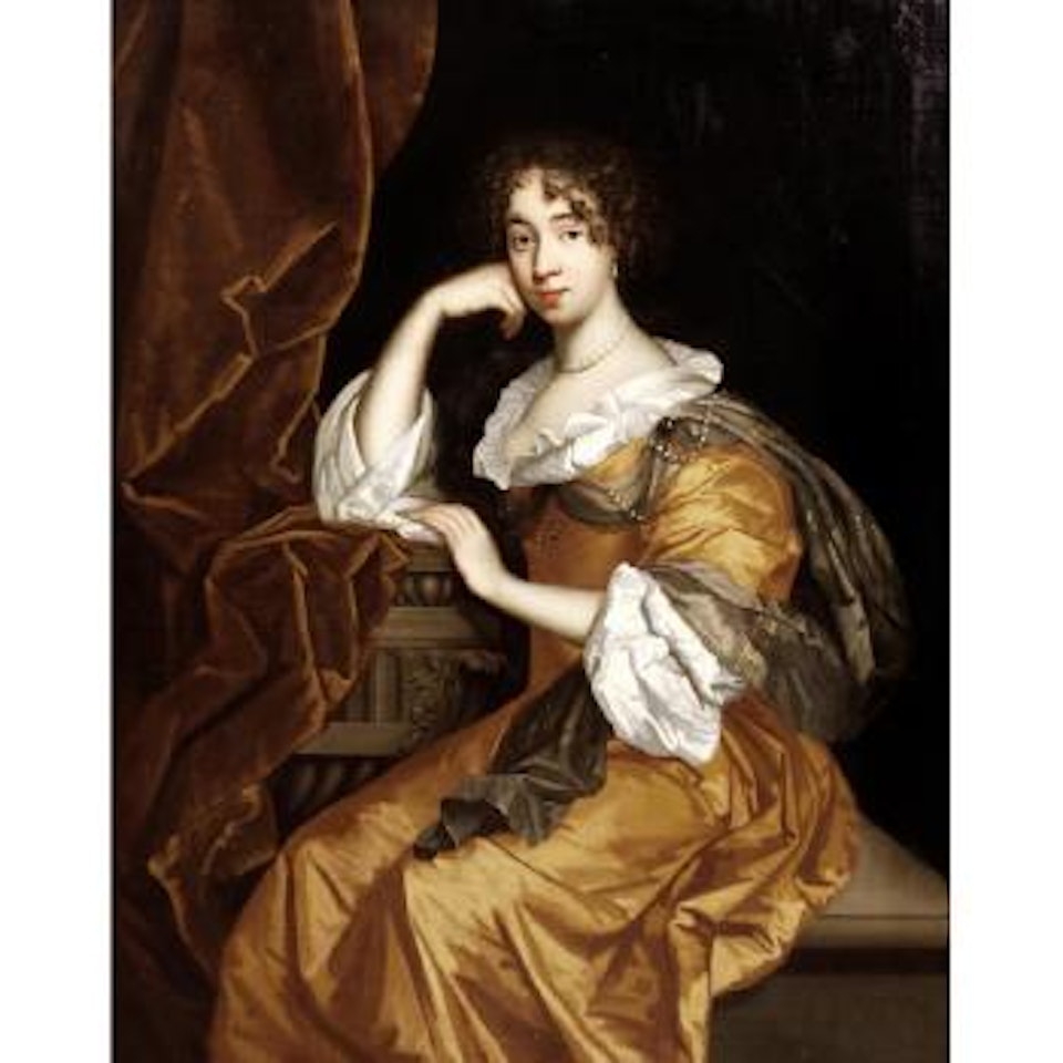 Portrait of a lady, three-quarter-length, in a gold dress, seated before a curtain by Sir Peter Lely