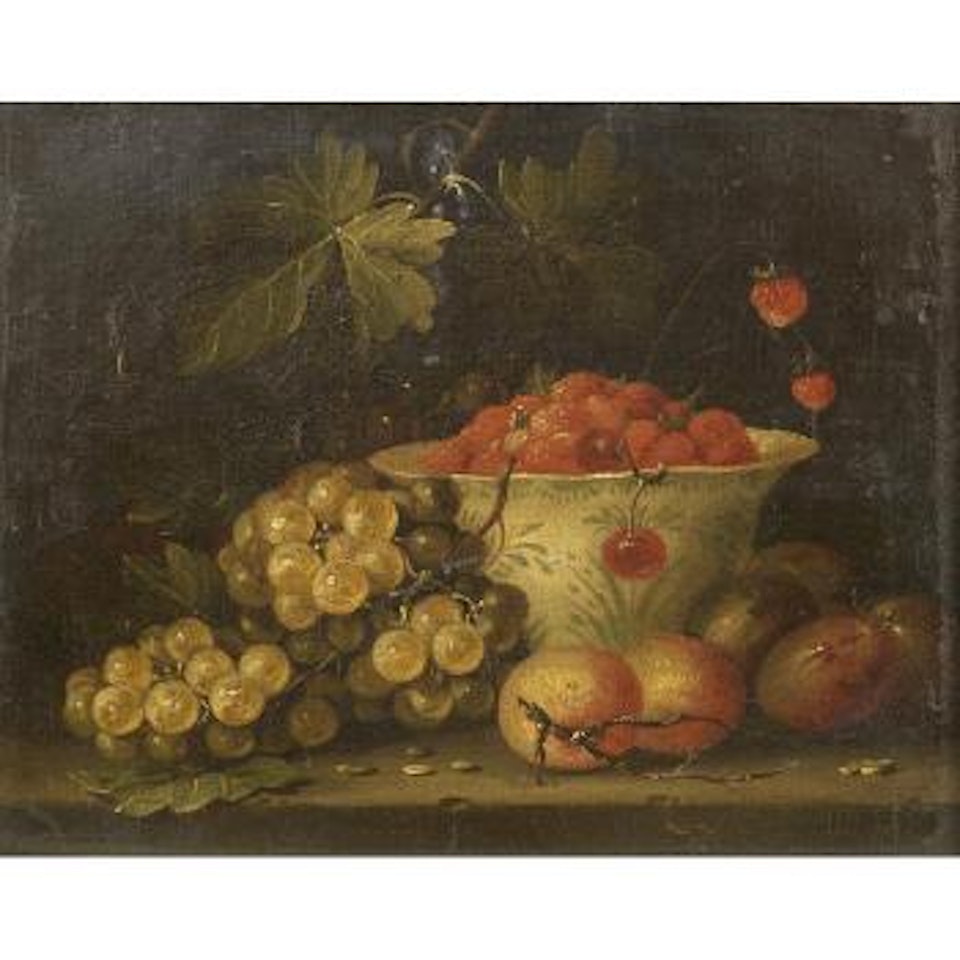 A Dish of wild strawberries with grapes and plums on a stone ledge by Jan Pauwel Gillemans