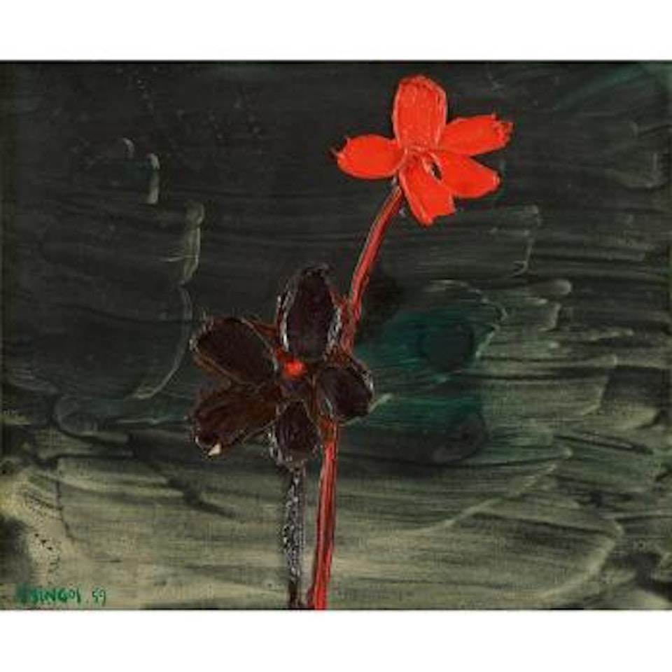 Fleur rouge et bleue sur fond vert foncé by Thanos Tsingos