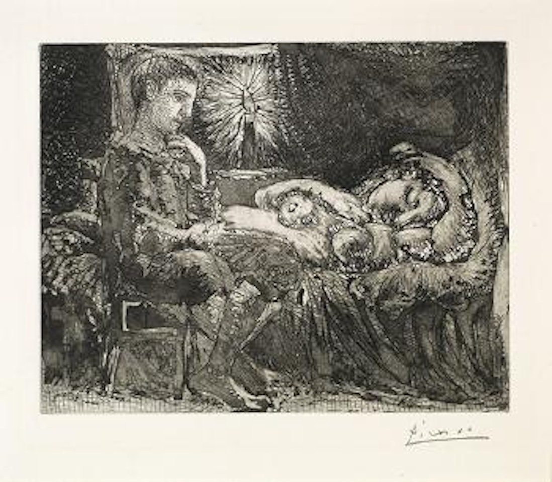 Garçon pensif veillant une dormeuse à la lumière d'une chandelle by Pablo Picasso