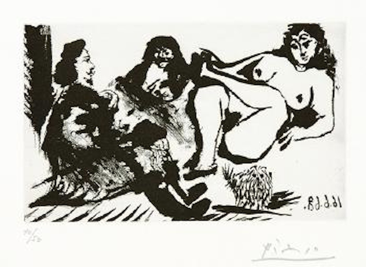 Cavalier en visite chez une fille, avec la Célestine et un petit chien by Pablo Picasso