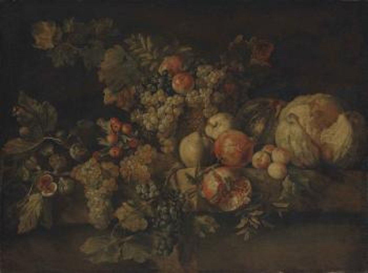 A melon, pomegranates, grapes, quinces, apples and other fruit on a stone ledge by Michele Pace del Campidoglio
