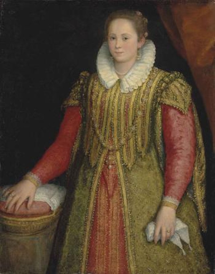 Portrait of a lady, three-quarter-length, in a red, gold and green dress, her right hand resting on a basket by BOLOGNESE SCHOOL