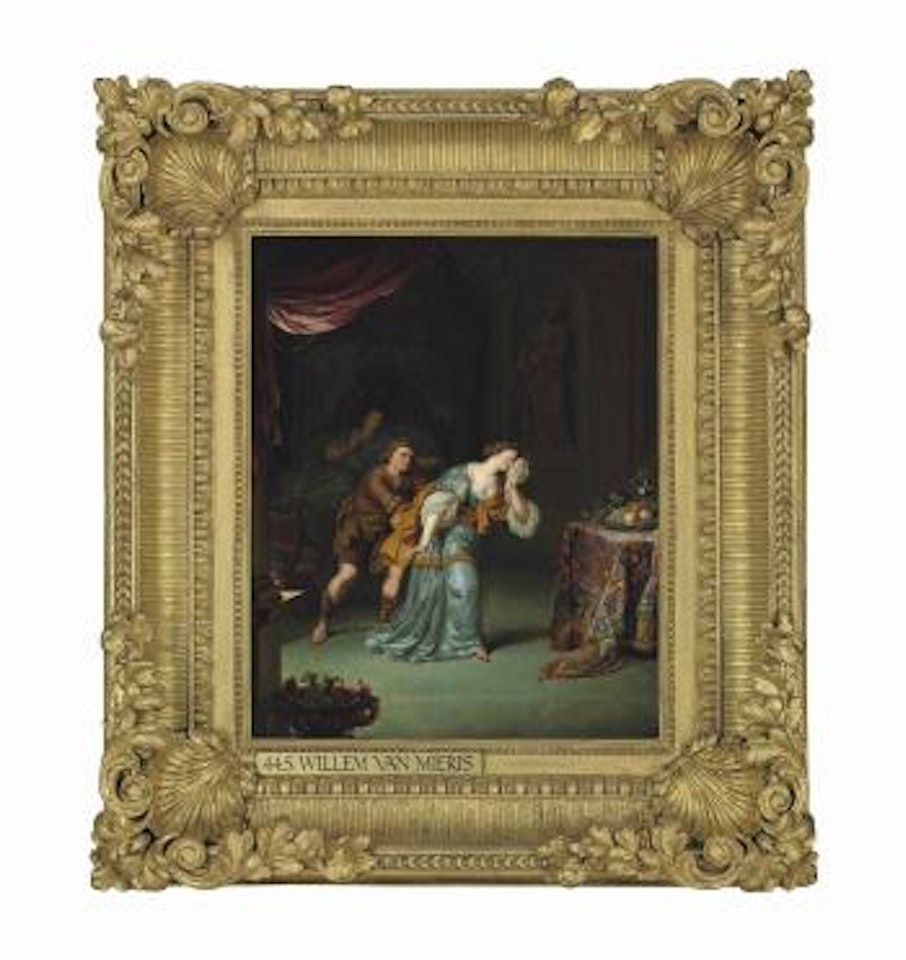 An interior with a man consoling a distressed lady, beside an invalid in bed by Willem van Mieris