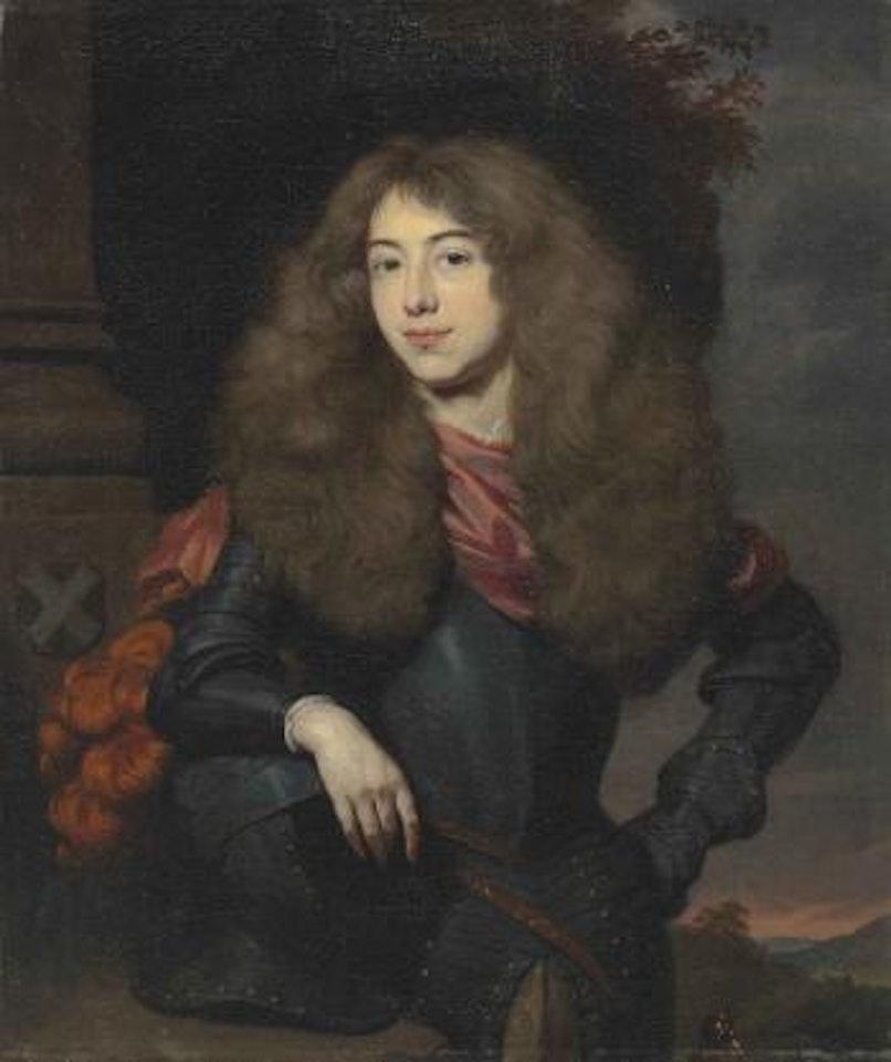 Portrait of Joseph Hoeufft, Heer van Lunenburg (1657-1700), half-length, in armour, his right arm resting on a helmet by Nicolaes Maes