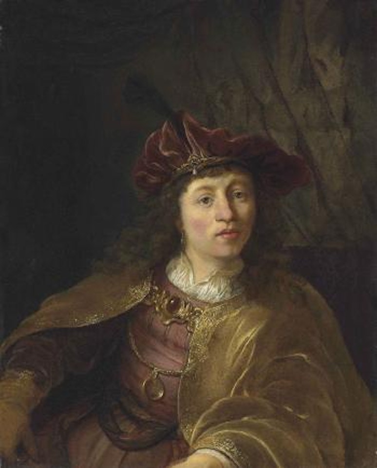 Portrait of a young man, half-length, in a white shirt, golden mantel and red plumed cap, before a draped curtain by Attributed to Rembrandt Harmensz van Rijn