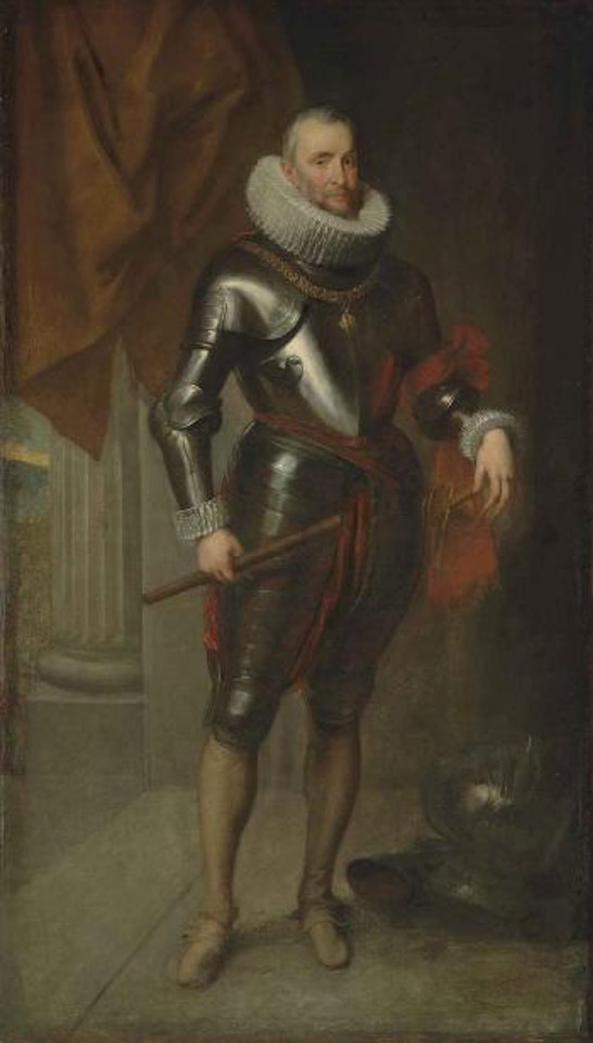 Portrait of Ambrogio Spinola (1569-1630), full-length, in armour, wearing the Order of the Golden Fleece, holding a baton in his right hand, his left hand resting on the hilt of his sword by Anthony van Dyck