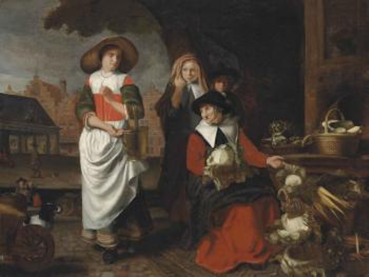 An old women at a vegetable stall, a girl with a milk pail and two children, a town square beyond by Nicolaes Maes