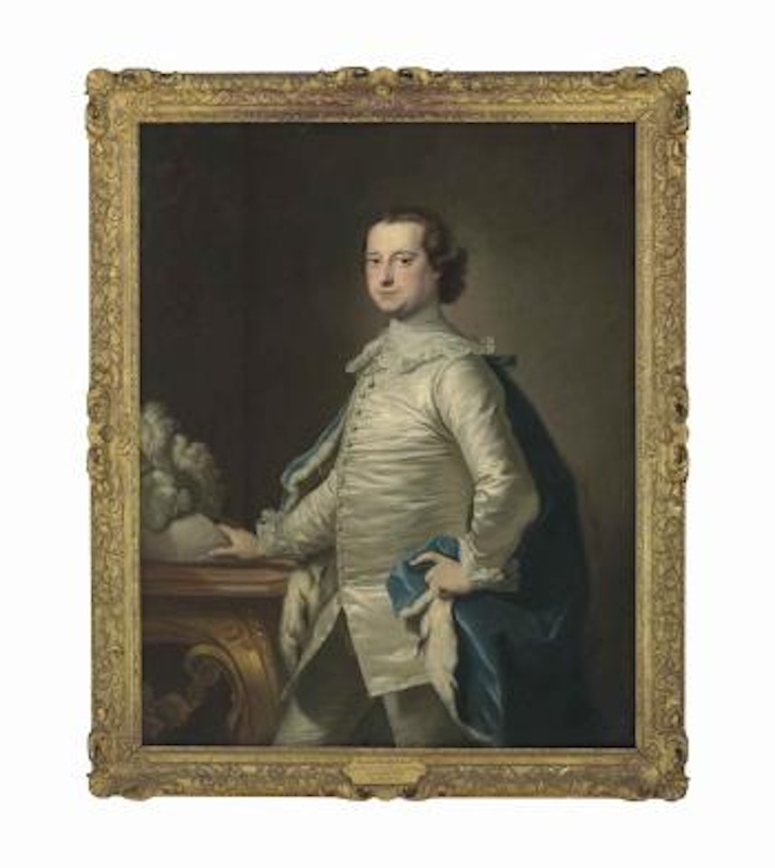 Portrait of Thomas Braddyll (d. 1776), three-quarter-length, in Van Dyck costume, his right hand resting on a plumed hat on a table by Thomas Hudson