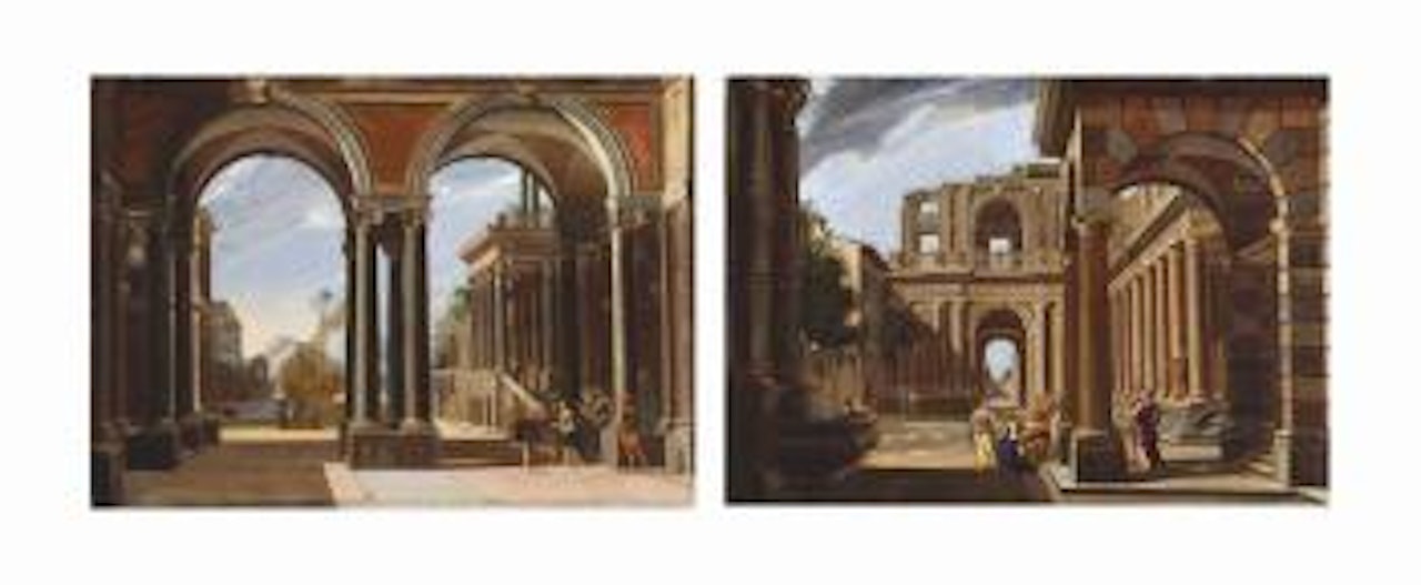 An architectural capriccio with Helena leaving for Troy; and An architectural capriccio with Achilles amongst the daughters of King Lycomedes by Viviano Codazzi