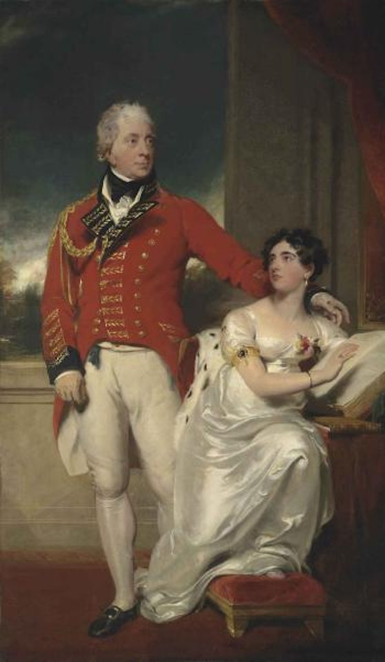 Portrait of General Albemarle Bertie, 9th Earl of Lindsey (1744-1818) and his second wife, Charlotte Susanna Elizabeth (1780-1858), daughter of the Rev. Charles Peter Layard, Dean of Bristol, full-length, he in military uniform, she in a white dress by Sir Thomas Lawrence