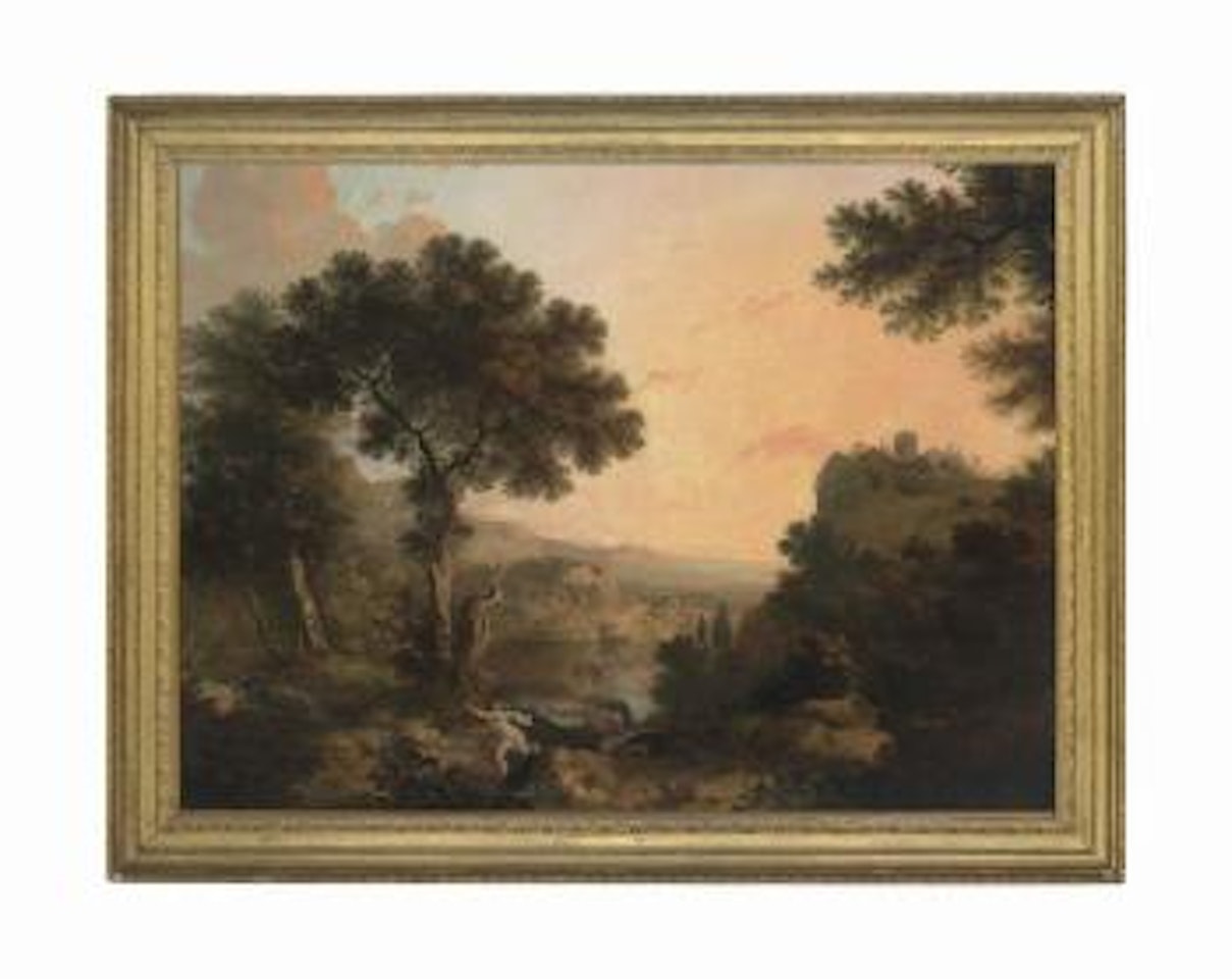 A wooded river landscape at dusk with Alpheus and Arethusa in the foreground by Thomas Jones